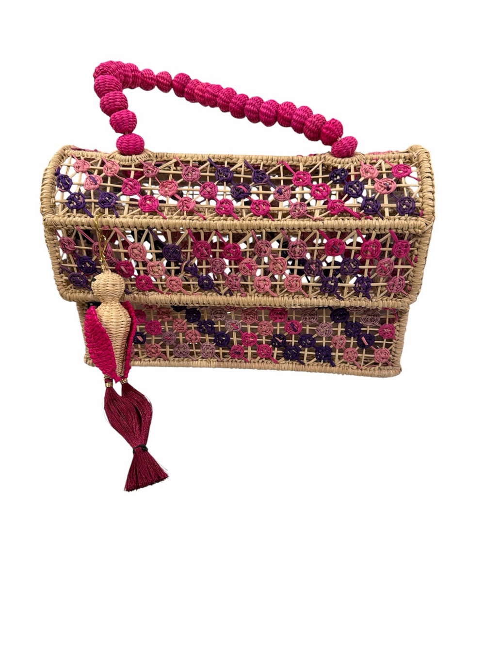 NWT Mercedes Salazar Handwoven Straw Handbag with Pink & Purple Accents